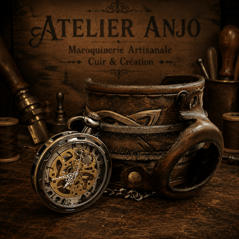 Bracelet montre à gousset en cuir – style steampunk artisanal steampunk médiéval fait main | Atelier AnJo