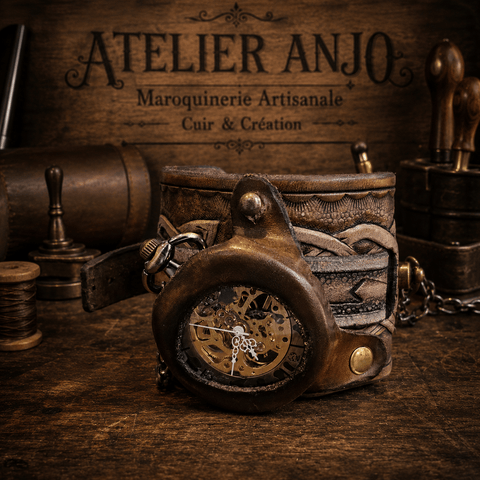 Bracelet montre à gousset en cuir – style steampunk artisanal steampunk médiéval fait main | Atelier AnJo