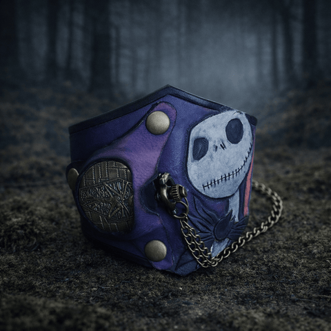 Bracelet - montre en cuir – Jack & Sally | Univers dark romantique & Halloween steampunk médiéval fait main | Atelier AnJo