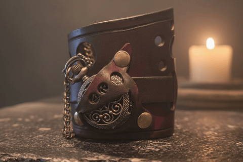 Bracelet - montre en cuir – Modèle à pile | Design post - apocalyptique & unique steampunk médiéval fait main | Atelier AnJo