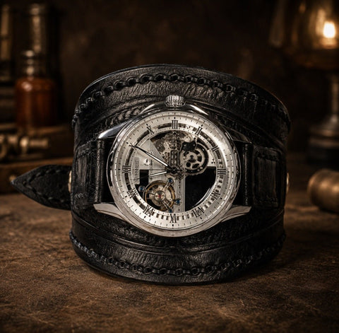 Bracelet montre en cuir noir avec montre automatique – Fabrication artisanale steampunk médiéval fait main | Atelier AnJo