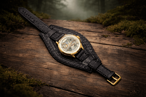 Bracelet montre en cuir noir – Style motard steampunk – Atelier AnJo steampunk médiéval fait main | Atelier AnJo