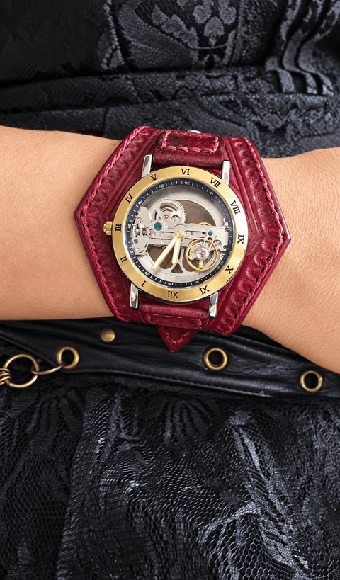 Bracelet montre en cuir rouge – style steampunk – fait main steampunk médiéval fait main | Atelier AnJo