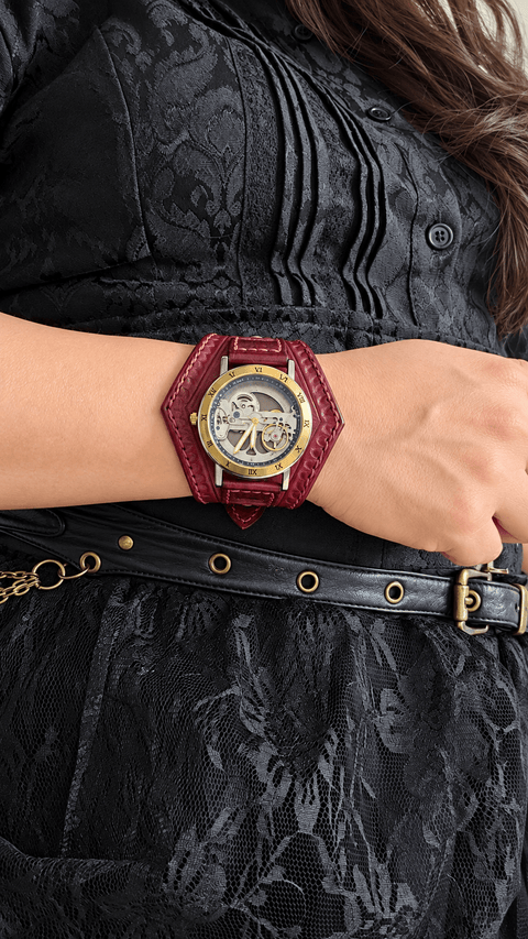 Bracelet montre en cuir rouge – style steampunk – fait main steampunk médiéval fait main | Atelier AnJo