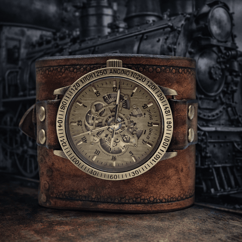 Bracelet - montre en cuir – style steampunk fait main steampunk médiéval fait main | Atelier AnJo