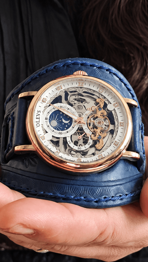 Bracelet-montre mécanique steampunk en cuir bleu – 16 à 22 cm steampunk médiéval fait main | Atelier AnJo