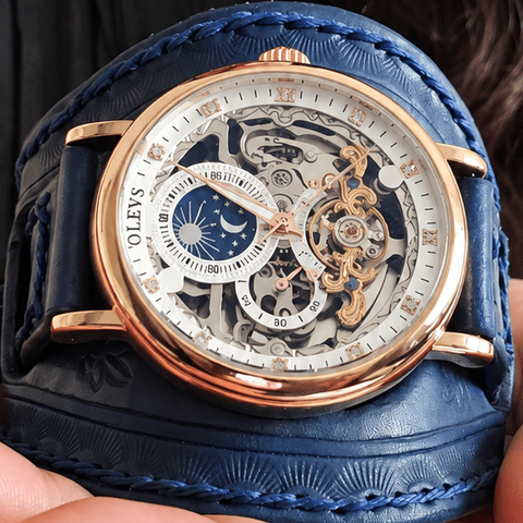 Bracelet-montre mécanique steampunk en cuir bleu – 16 à 22 cm