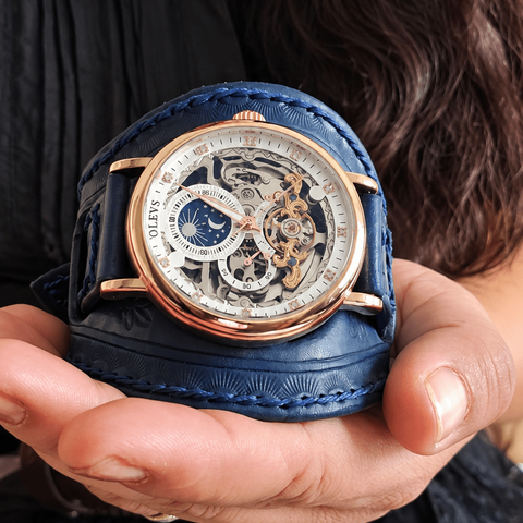 Bracelet-montre mécanique steampunk en cuir bleu – 16 à 22 cm steampunk médiéval fait main | Atelier AnJo