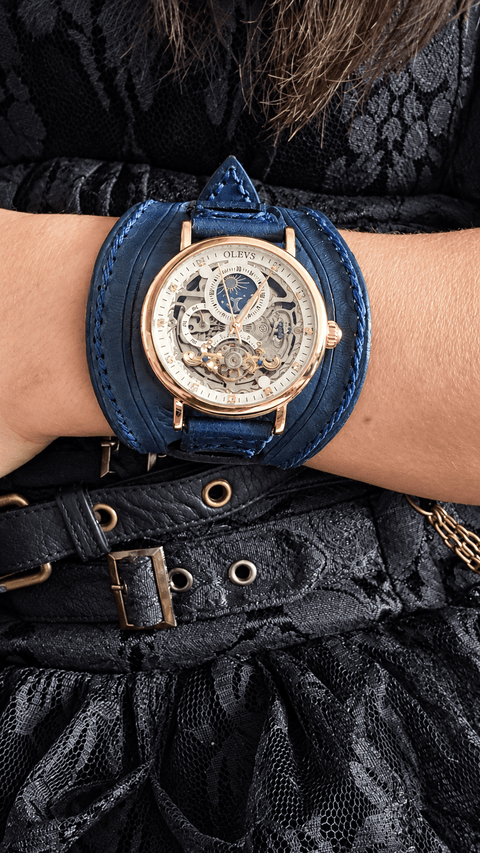 Bracelet-montre mécanique steampunk en cuir bleu – 16 à 22 cm steampunk médiéval fait main | Atelier AnJo