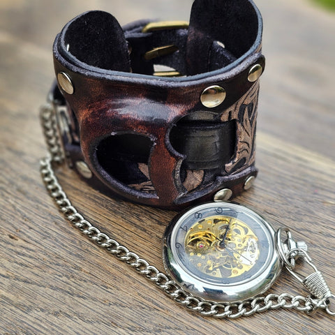 Bracelet montre steampunk à fleur en cuir steampunk médiéval fait main | Atelier AnJo