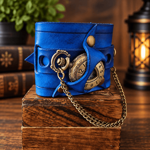 Bracelet-montre steampunk en cuir bleu avec montre à gousset steampunk médiéval fait main | Atelier AnJo