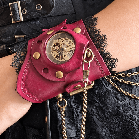 Bracelet-montre steampunk en cuir bordeaux et dentelle noire – 18 à 24 cm