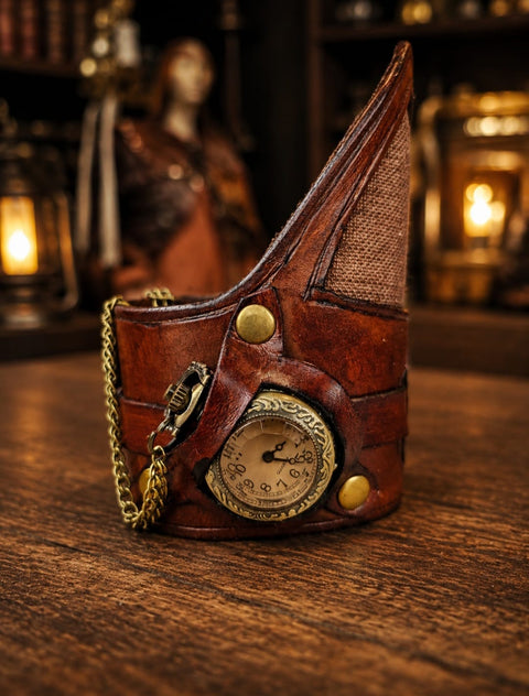 Bracelet montre steampunk en cuir – Création artisanale Atelier AnJo steampunk médiéval fait main | Atelier AnJo