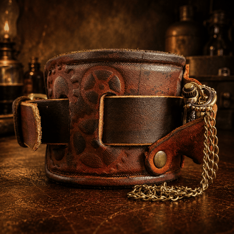 Bracelet montre steampunk en cuir – manchette artisanale steampunk médiéval fait main | Atelier AnJo