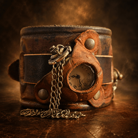 Bracelet montre steampunk en cuir – manchette artisanale steampunk médiéval fait main | Atelier AnJo