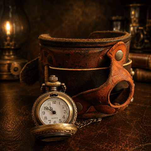 Bracelet montre steampunk en cuir – manchette artisanale steampunk médiéval fait main | Atelier AnJo