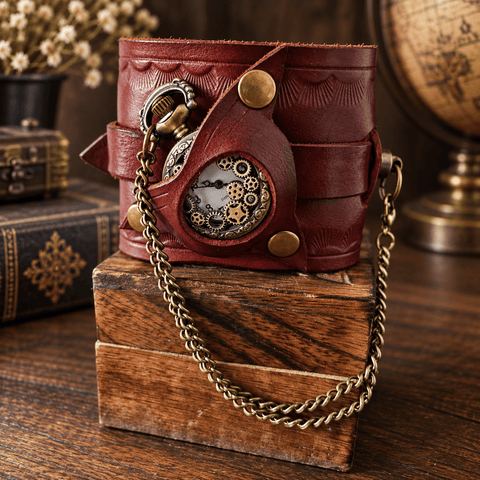 Bracelet-montre steampunk en cuir marron – Montre à gousset à motifs d’engrenages steampunk médiéval fait main | Atelier AnJo