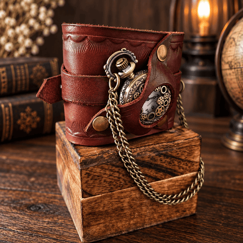 Bracelet-montre steampunk en cuir marron – Montre à gousset à motifs d’engrenages steampunk médiéval fait main | Atelier AnJo