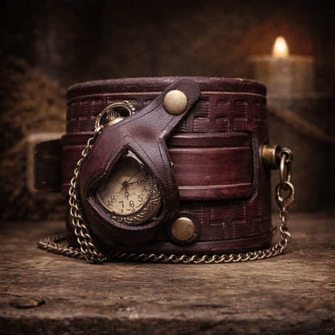Bracelet - Montre Steampunk en Cuir – Modèle “Œil du Temps” steampunk médiéval fait main | Atelier AnJo