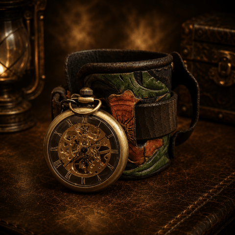 Bracelet montre steampunk en cuir – montre à gousset intégrée steampunk médiéval fait main | Atelier AnJo