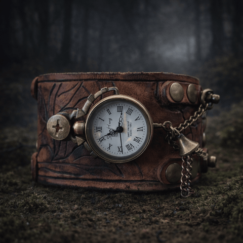 Bracelet - montre steampunk en cuir – montre à remonter steampunk médiéval fait main | Atelier AnJo