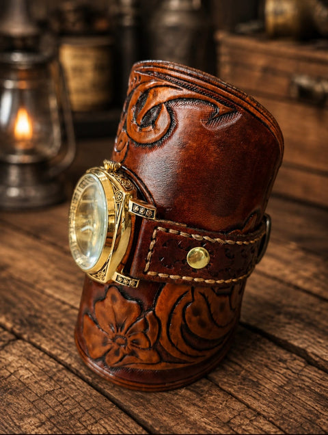 Bracelet montre steampunk en cuir repoussé à la main – Fleur artisanale steampunk médiéval fait main | Atelier AnJo