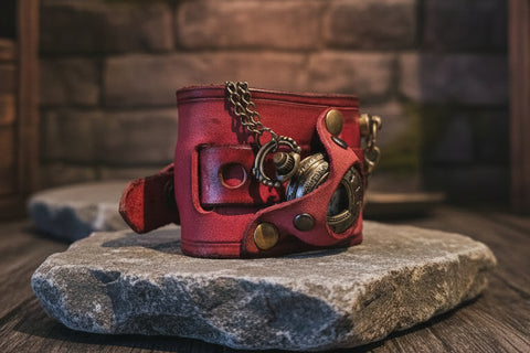 Bracelet - montre steampunk en cuir rouge avec montre à gousset steampunk médiéval fait main | Atelier AnJo