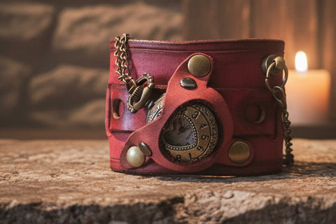 Bracelet - montre steampunk en cuir rouge avec montre à gousset steampunk médiéval fait main | Atelier AnJo