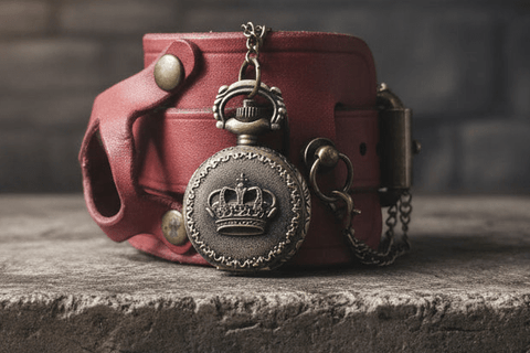 Bracelet - Montre Steampunk en Cuir Rouge Foncé – Modèle “Couronne du Temps steampunk médiéval fait main | Atelier AnJo