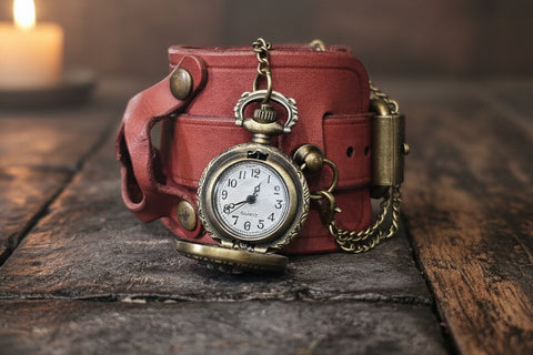 Bracelet - Montre Steampunk en Cuir Rouge Foncé – Modèle “Couronne du Temps steampunk médiéval fait main | Atelier AnJo