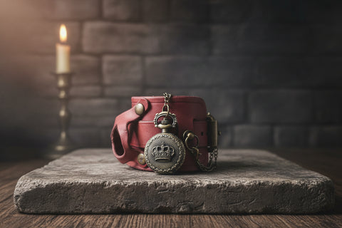 Bracelet - Montre Steampunk en Cuir Rouge Foncé – Modèle “Couronne du Temps steampunk médiéval fait main | Atelier AnJo