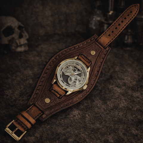 Bracelet montre steampunk en cuir véritable. steampunk médiéval fait main | Atelier AnJo