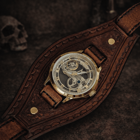 Bracelet montre steampunk en cuir véritable. steampunk médiéval fait main | Atelier AnJo