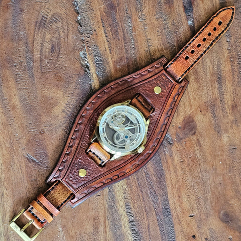 Bracelet montre steampunk en cuir véritable. steampunk médiéval fait main | Atelier AnJo