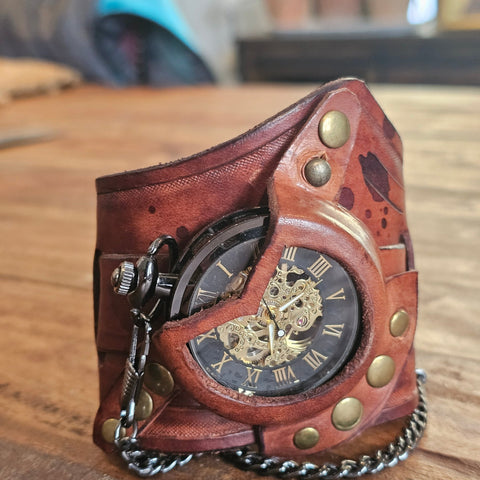 Bracelet steampunk avec montre mécanique – cuir fait main steampunk médiéval fait main | Atelier AnJo
