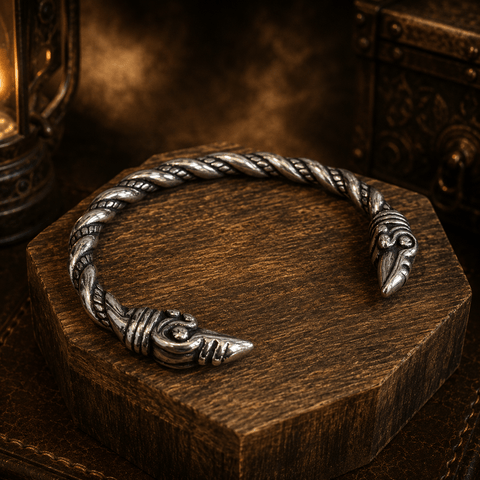 Bracelet torque corbeau nordique – acier style viking steampunk médiéval fait main | Atelier AnJo