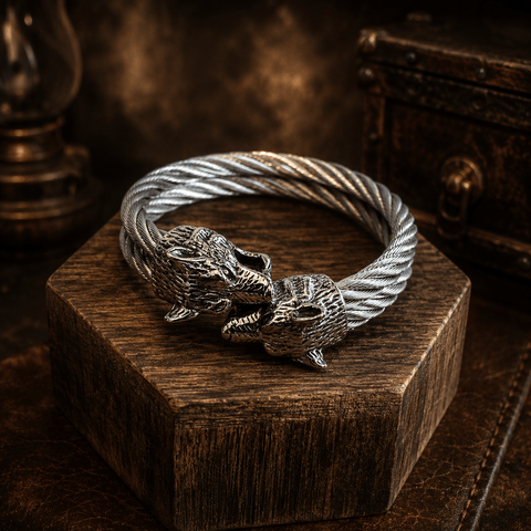 Bracelet torque double loup – acier torsadé style viking steampunk médiéval fait main | Atelier AnJo