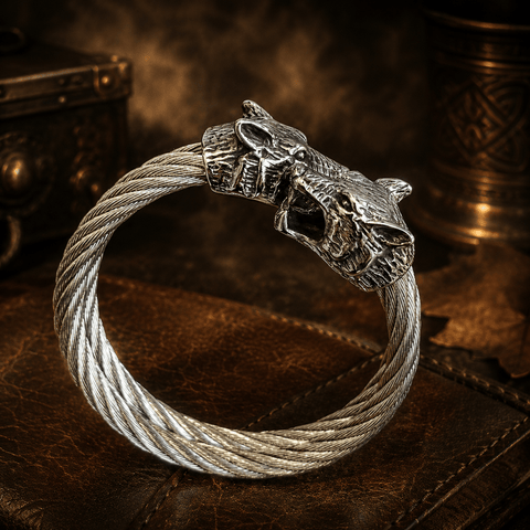 Bracelet torque double loup – acier torsadé style viking steampunk médiéval fait main | Atelier AnJo