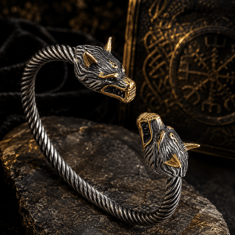Bracelet torque loup nordique – acier torsadé style viking steampunk médiéval fait main | Atelier AnJo