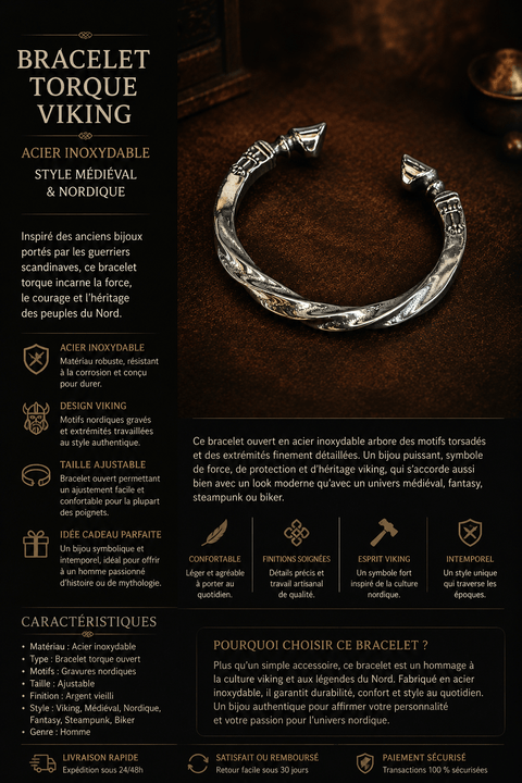 Bracelet torque viking torsadé – acier inoxydable nordique steampunk médiéval fait main | Atelier AnJo