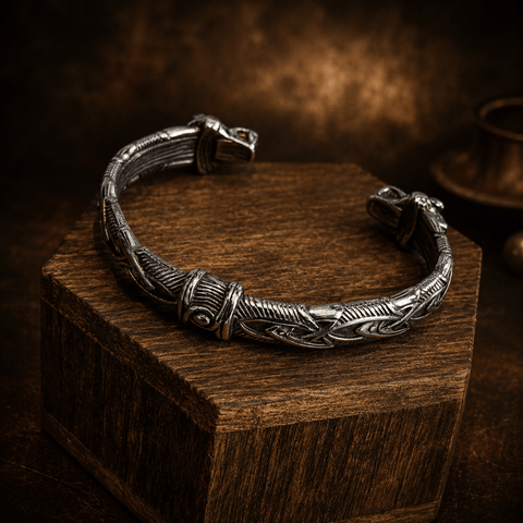 Bracelet viking en acier inoxydable – torque nordique gravé steampunk médiéval fait main | Atelier AnJo