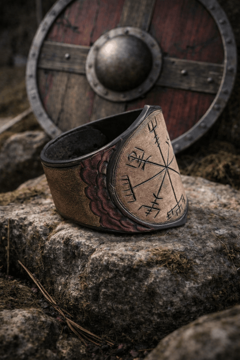 Bracelet viking en cuir – Vegvísir repoussé à la main steampunk médiéval fait main | Atelier AnJo