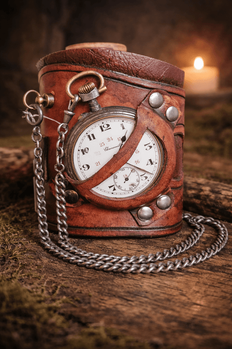 Brassard steampunk en cuir – Montre à gousset ancienne 15 rubis steampunk médiéval fait main | Atelier AnJo