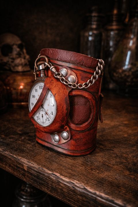Brassard steampunk en cuir – Montre à gousset ancienne 15 rubis steampunk médiéval fait main | Atelier AnJo