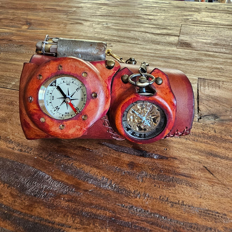 Brassard steampunk en cuir | Montre mécanique style post - apocalyptique steampunk médiéval fait main | Atelier AnJo