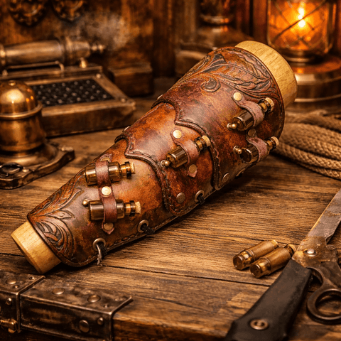 Brassard steampunk en cuir végétal repoussé – Pièce unique – Atelier AnJo steampunk médiéval fait main | Atelier AnJo
