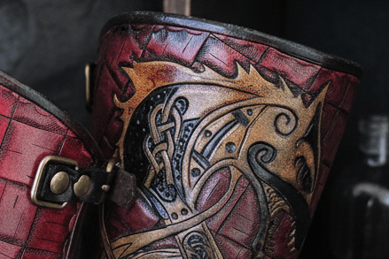 Brassard viking en cuir – Symbole Fenrir & runes | Bracelet médiéval artisanal steampunk médiéval fait main | Atelier AnJo