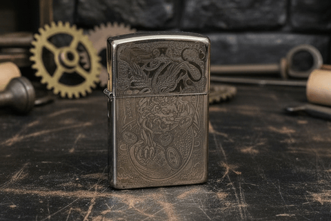 Briquet à essence Zorro – Dragon japonais gravé steampunk médiéval fait main | Atelier AnJo