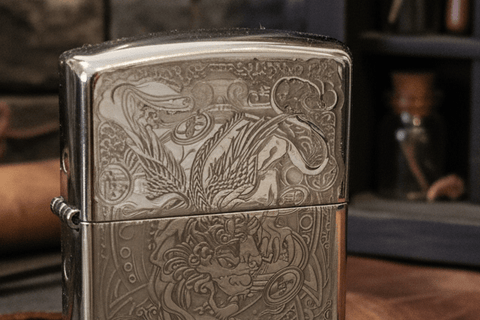 Briquet à essence Zorro – Dragon japonais gravé steampunk médiéval fait main | Atelier AnJo