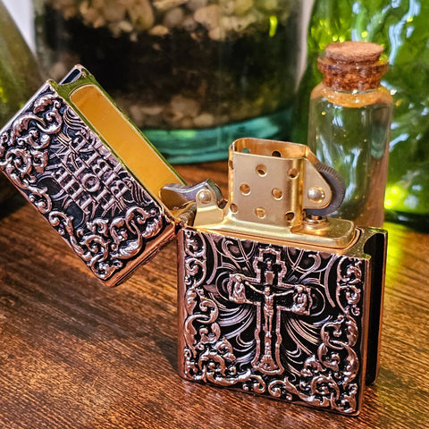 Briquet essence Bible cuivre rose – Zorro steampunk médiéval fait main | Atelier AnJo